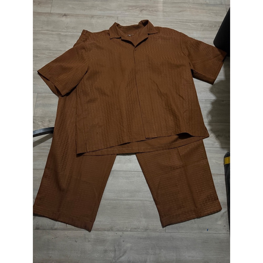 Paitano Italy Mens 5X Brown Textured 2 Piece Shirt and Pants Set Camp Collar